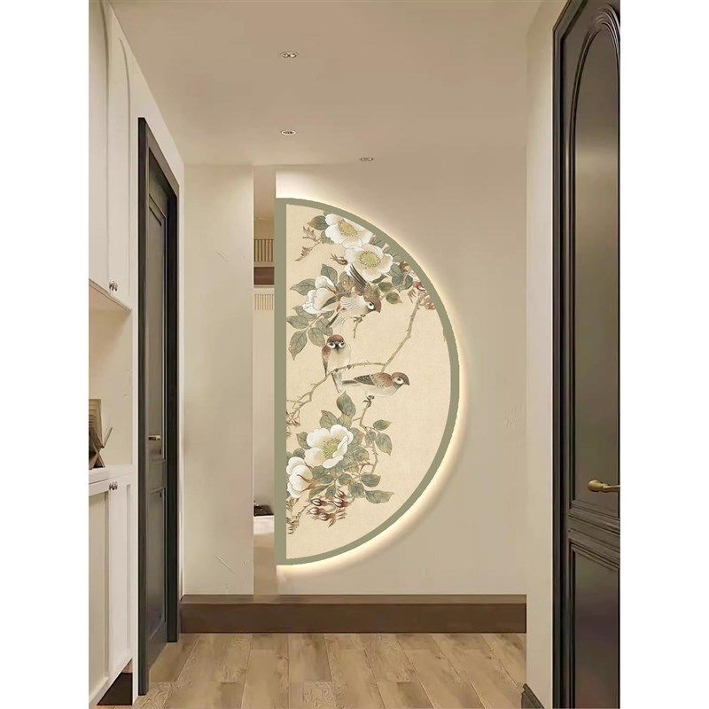 中古风花鸟玄关装饰画带灯复古中式氛围灯K半圆入户门走廊过道挂