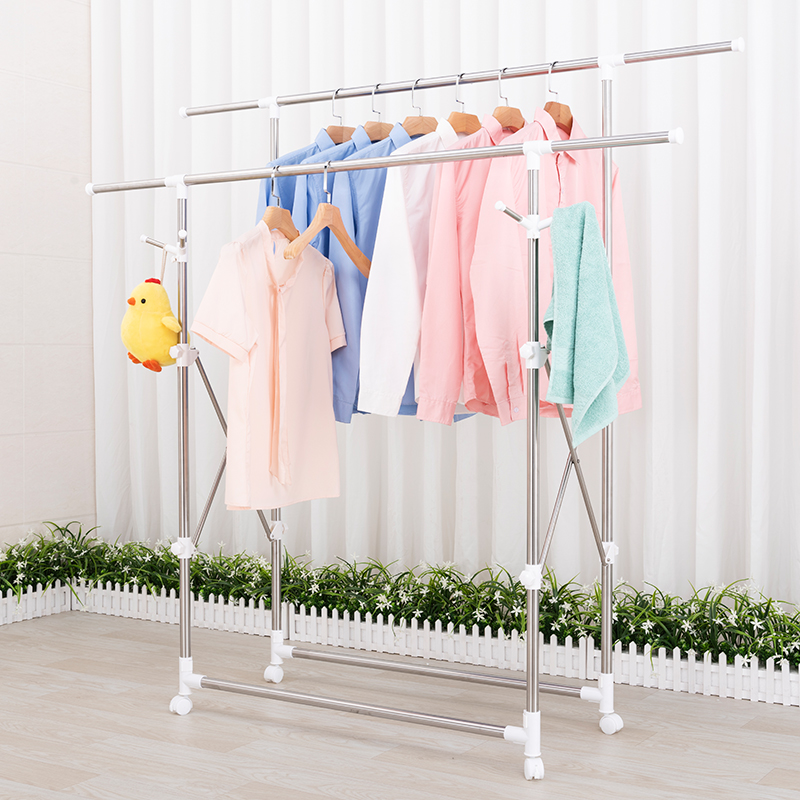 不锈钢晾衣架子落地折叠阳台伸缩晾E晒杆双杆式室内简易升降挂衣