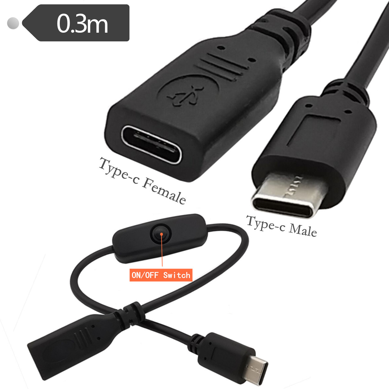 3A 22AWG铜 30V USB Type-c电源延长线C型带501按键开关控制器线