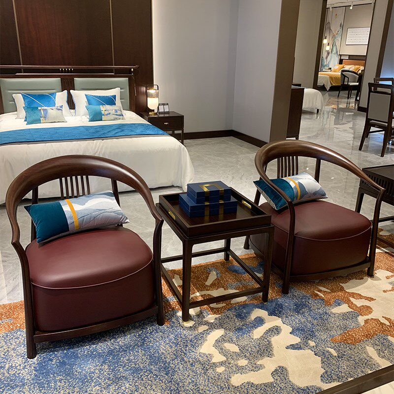 新中式实木乌金木休闲椅组合三件套真皮单人沙发椅客厅家用圈围椅