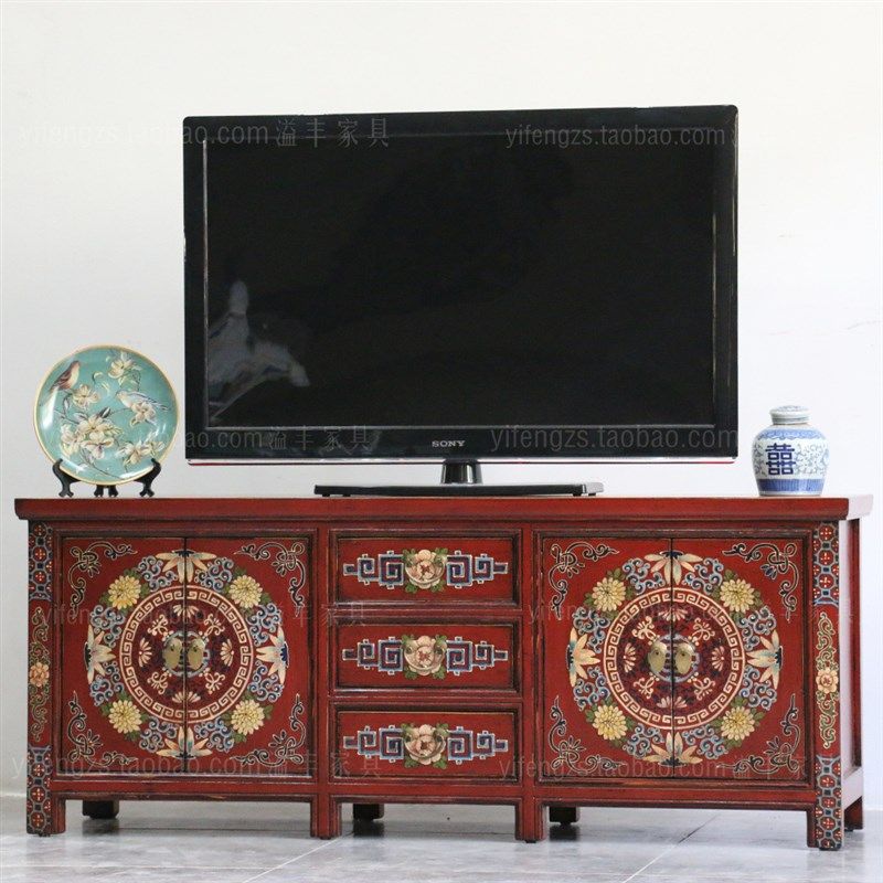 现代新中式仿古实木彩绘红矮柜储物复古电视柜明清做旧玄关视听柜,住宅家具,电视柜,淘宝优惠券,粉丝福利购,淘宝优惠卷