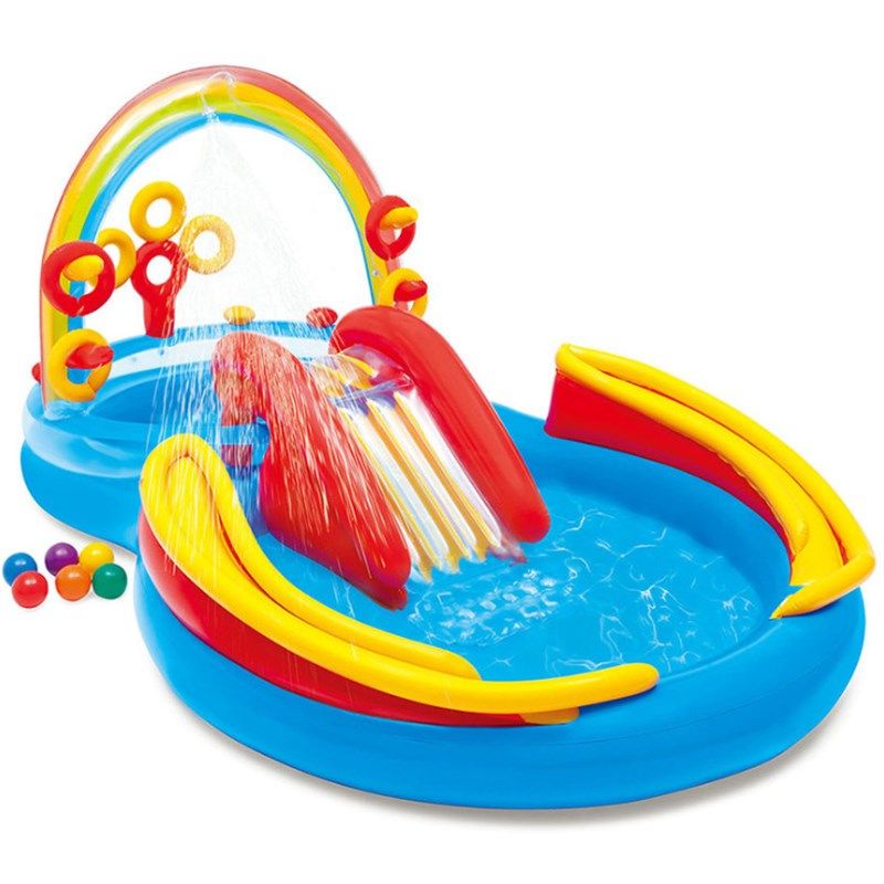 彩虹恐龙游泳池家庭火烈鸟喷水池带滑梯动物泳池充气城堡