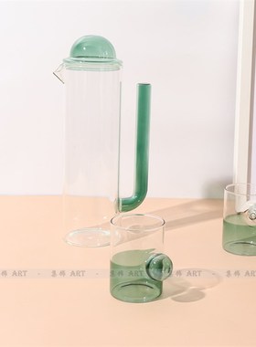 现代简约轻奢绿色m玻璃冷水壶水杯酒具茶具摆件样板房家居饰品