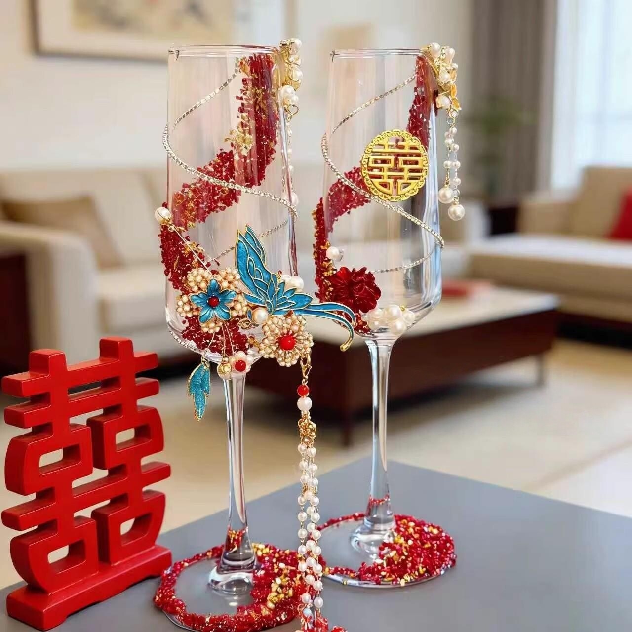 新中式敬酒杯一对DIY材料包香槟杯红色新娘结婚礼物闺蜜手工礼盒