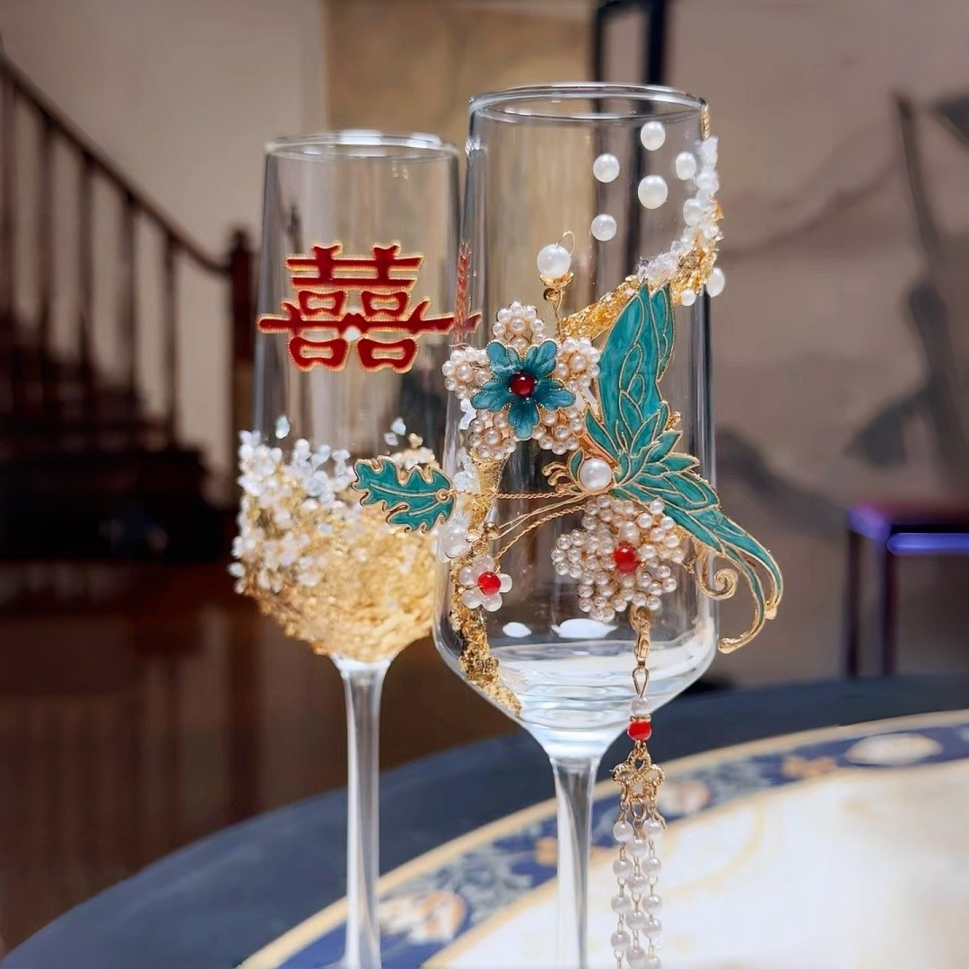 新中式手工敬酒杯结婚订婚礼物diy材料包珍珠花朵装饰香槟杯闺蜜,节庆用品/礼品,喜碗/敬茶杯,淘宝优惠券,粉丝福利购,淘宝优惠卷