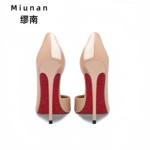 裸色高跟鞋女2025新款漆皮细跟侧空尖头高跟鞋红底气质高级不累脚
