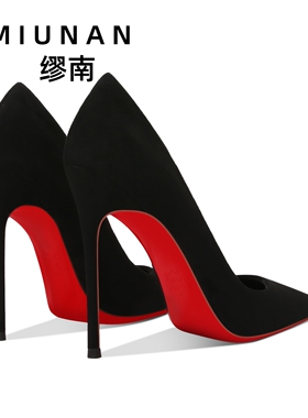 缪南2025新款黑色绒面尖头高跟鞋女气质高级不累脚细跟职业单鞋女