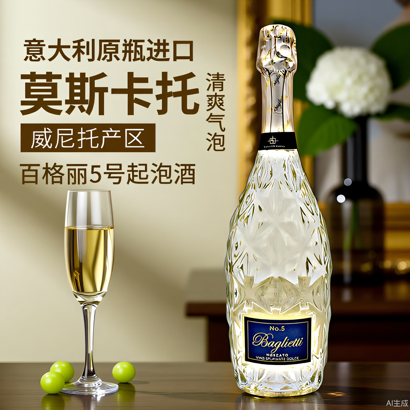 女士颜值甜酒 意大利进口威尼托莫斯卡托甜白起泡酒百格丽5号气泡