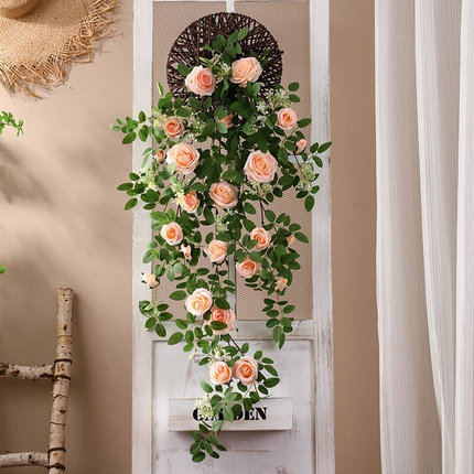 仿真法国玫瑰吊兰绿植塑料假花壁挂花藤室内墙面装饰仿真花墙植物