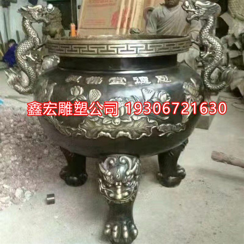 热销三足圆形香炉纯铜大号带顶方形香炉雕塑黄铜铸造X寺庙道观供