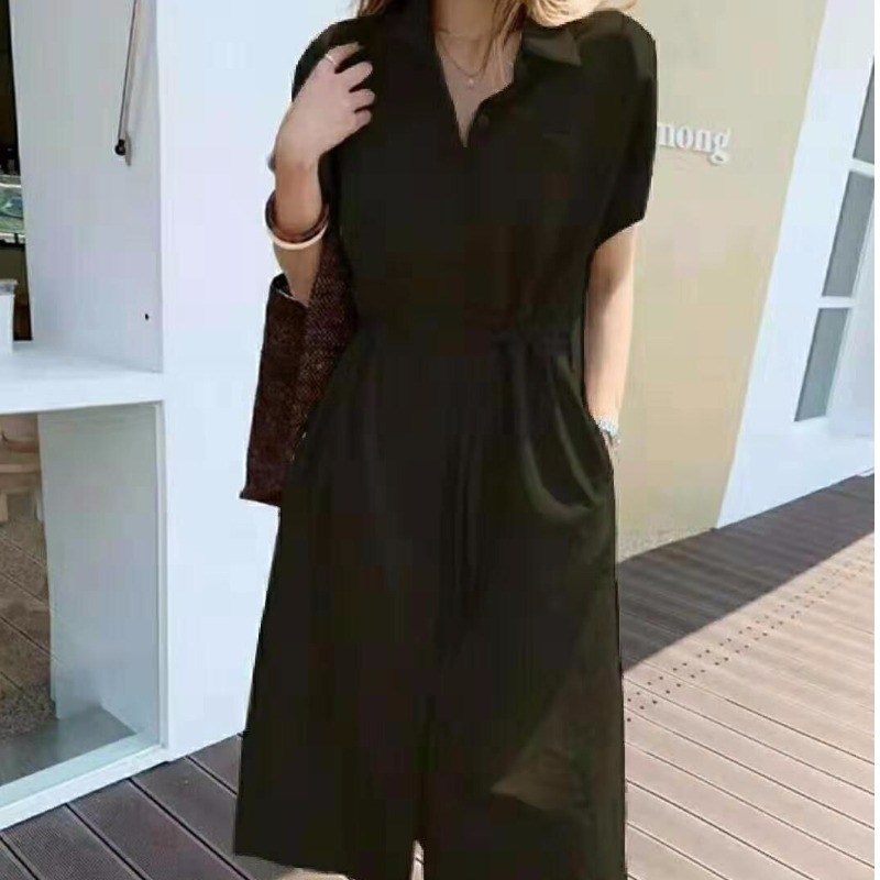 女装韩版纯色大码连衣裙宽松单排J扣亚麻长款衬衫裙C5