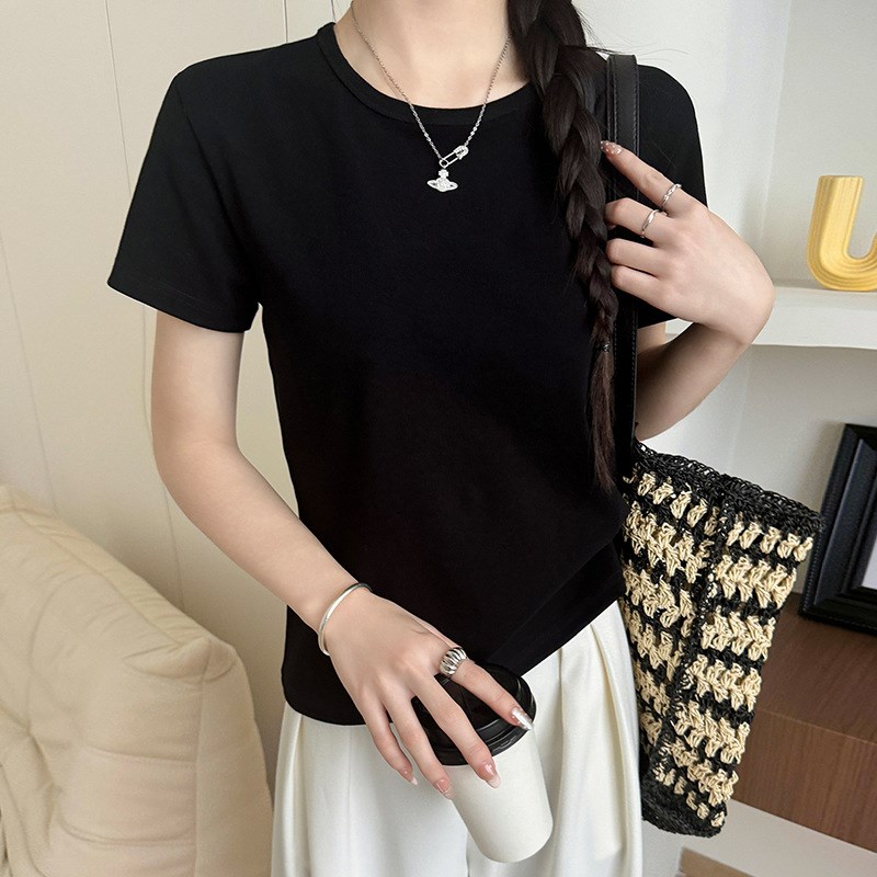 黑色包边圆领短袖女夏季q2025新款显瘦修身t恤外穿基础款正肩上衣