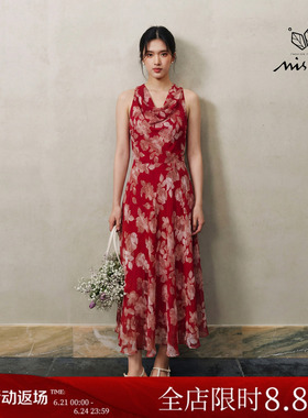 Missonep蝉【夏梦绮】复古风红色堆堆领挂脖碎花连衣裙女夏季新款