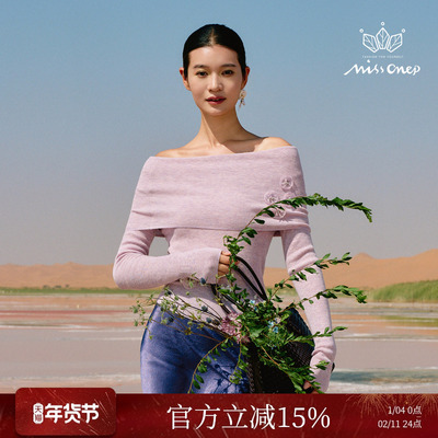 Missonep一字领露肤花朵针织衫