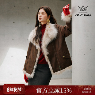 Missonep逸【雪溶意】复古风90鹅绒毛绒翻领狐狸毛拼接皮草女冬季