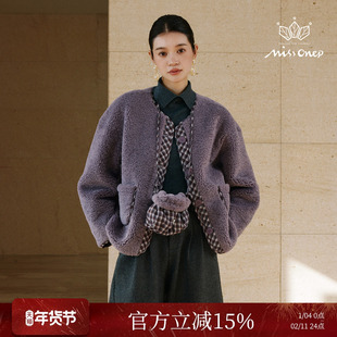 Missonep逸【洛佳人】浪漫风紫色环保羊羔毛格纹领拼接短外套冬季