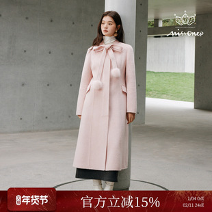 Missonep蝉【雪境语】浪漫风蝴蝶结领毛球装饰毛呢大衣女冬季新款
