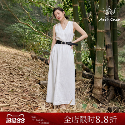Missonep蝉【夏梦绮】慵懒风V领肌理无袖连衣裙配腰带显瘦连衣裙