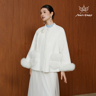 Missonep蝉【雪溶意】浪漫风纯色蝴蝶结领狐狸毛拼接皮草大衣冬季