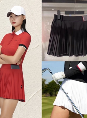 女士高尔夫服装翻领POLO衫25夏天新款红色高尔夫半身裙防走光短裙