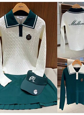 女士25秋款高尔夫服装拼色翻领长袖针织衫休闲运动舒适上衣百搭