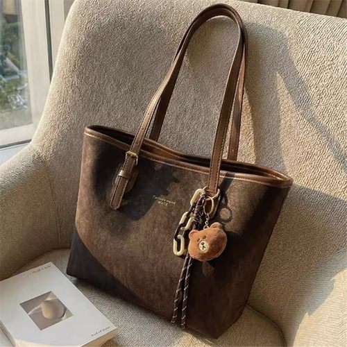 复古绒面小熊托特包大容量通勤