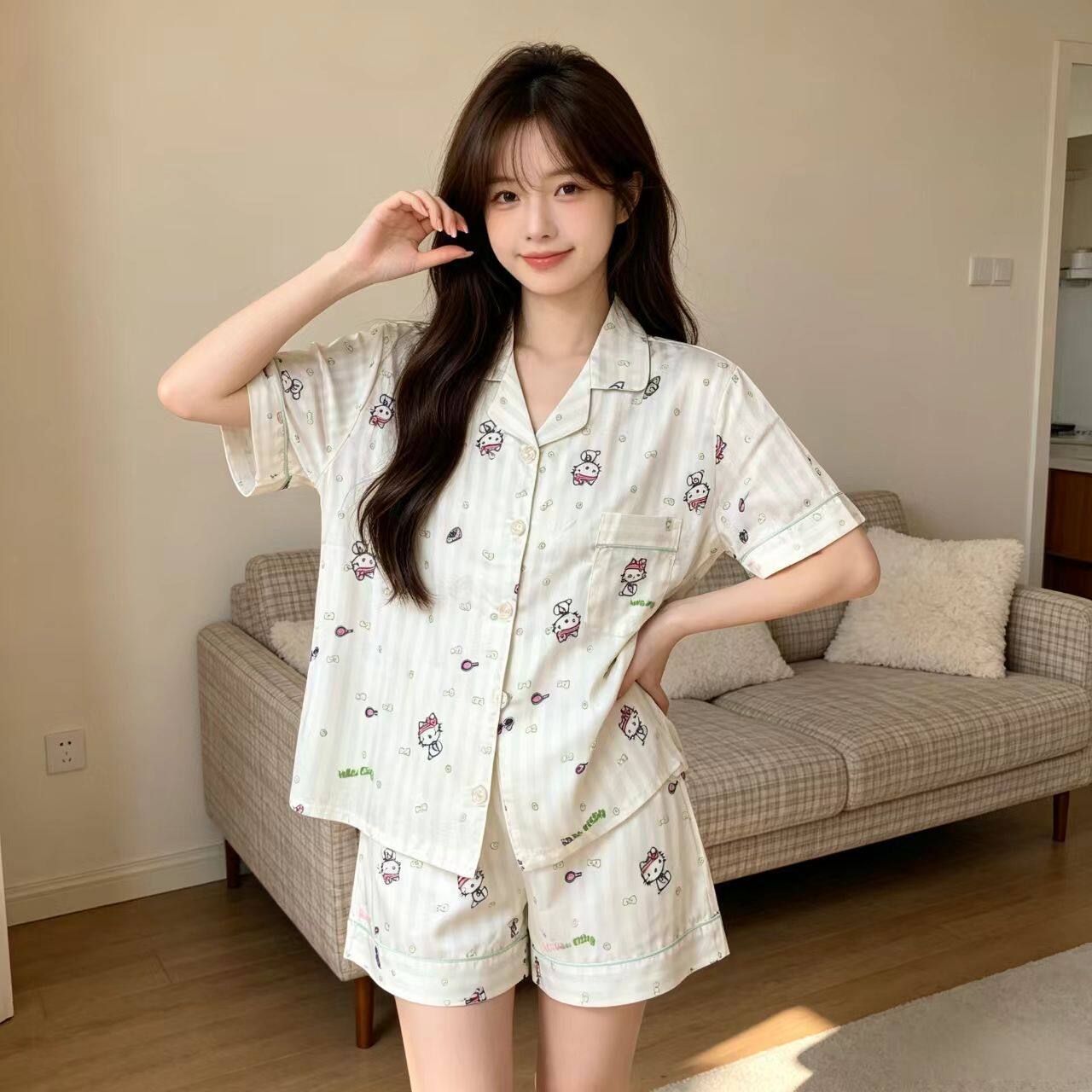 夏季冰雪丝凯蒂猫女睡衣套装
