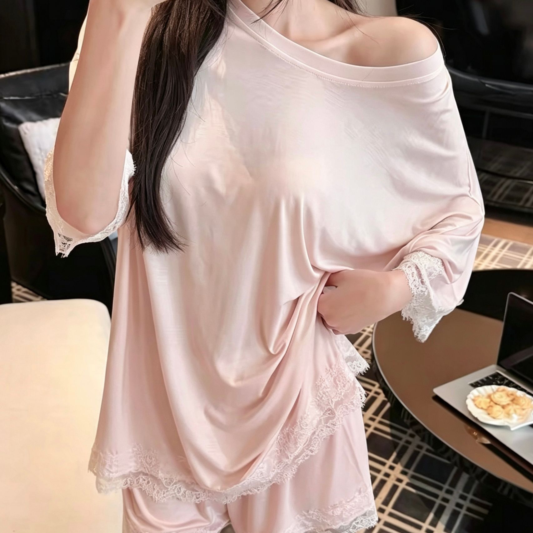 夏季莫代尔带胸垫女睡衣套装