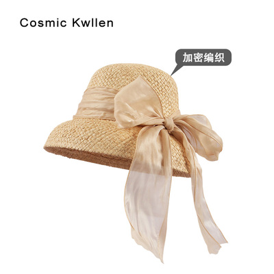 cosmic kwllen透气拉菲草灯笼帽手工蝴蝶结草帽女遮阳防晒帽轻盈