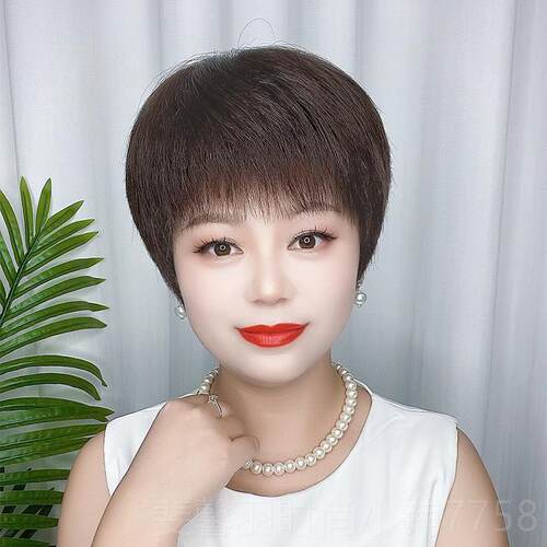 新款夏季薄轻手织款年假发女妈短发妈短直发中老头套真人发丝逼真