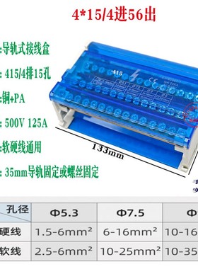 二级四级接线端子盒铜排导轨式汇流电缆分线盒UK207/211/407/415