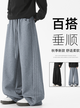 ZSEE 卫裤男秋冬季新款宽松直筒条纹运动裤美式潮牌加绒休闲长裤