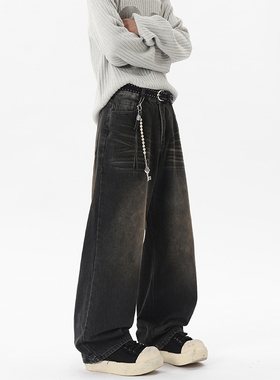 ZSEE直筒阔腿黑色牛仔裤男士春秋美式复古高街垂感宽松休闲长裤子