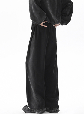 ZSEE弯刀裤男秋冬加绒重磅渐变水洗磨白黑色休闲裤宽松垂感卫裤长