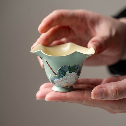 弥言纯手绘牡丹陶瓷花口主人杯高颜值女喝茶杯功夫茶具手工品茗杯