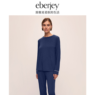 Eberjey简约极简风女士长袖圆领睡衣套装海军蓝家居服