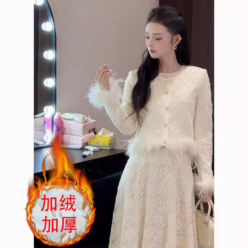 加绒加厚白色小香风蕾丝套装女装秋冬2026新款气质半身裙子两件套,女装/女士精品,时尚套装,淘宝优惠券,粉丝福利购,淘宝优惠卷