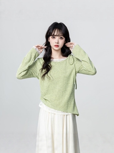 设计感不规则蕾丝拼接上衣 新款 绿色假两件长袖 T恤女春秋2026春季