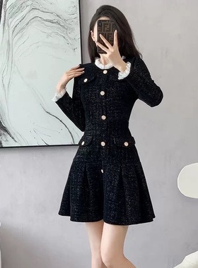2024年新款赫本风法式黑色加厚长袖连衣裙子女秋冬千金小香风短裙