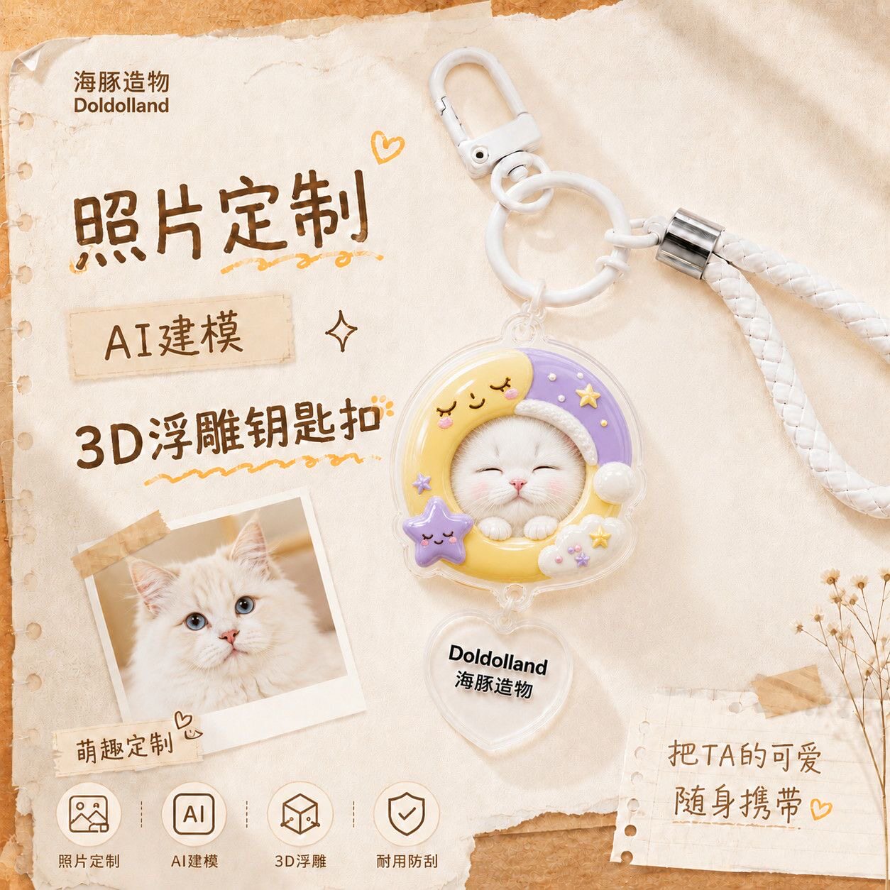 【3d叠叠乐】立体浮雕钥匙扣定制来图设计diy可爱猫狗照片挂饰牌