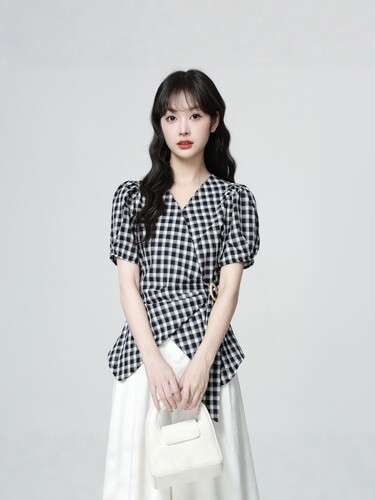 法式甜美格子短袖衬衫女夏季设计感绑带v领衬衣收腰显瘦短款上衣