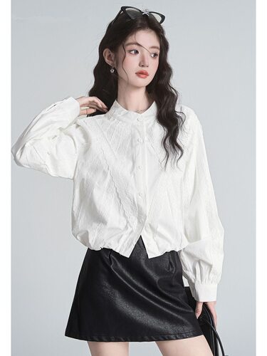 设计感显瘦法式拼接白色立领长袖衬衫女春秋季衬衣打底衫短款上衣