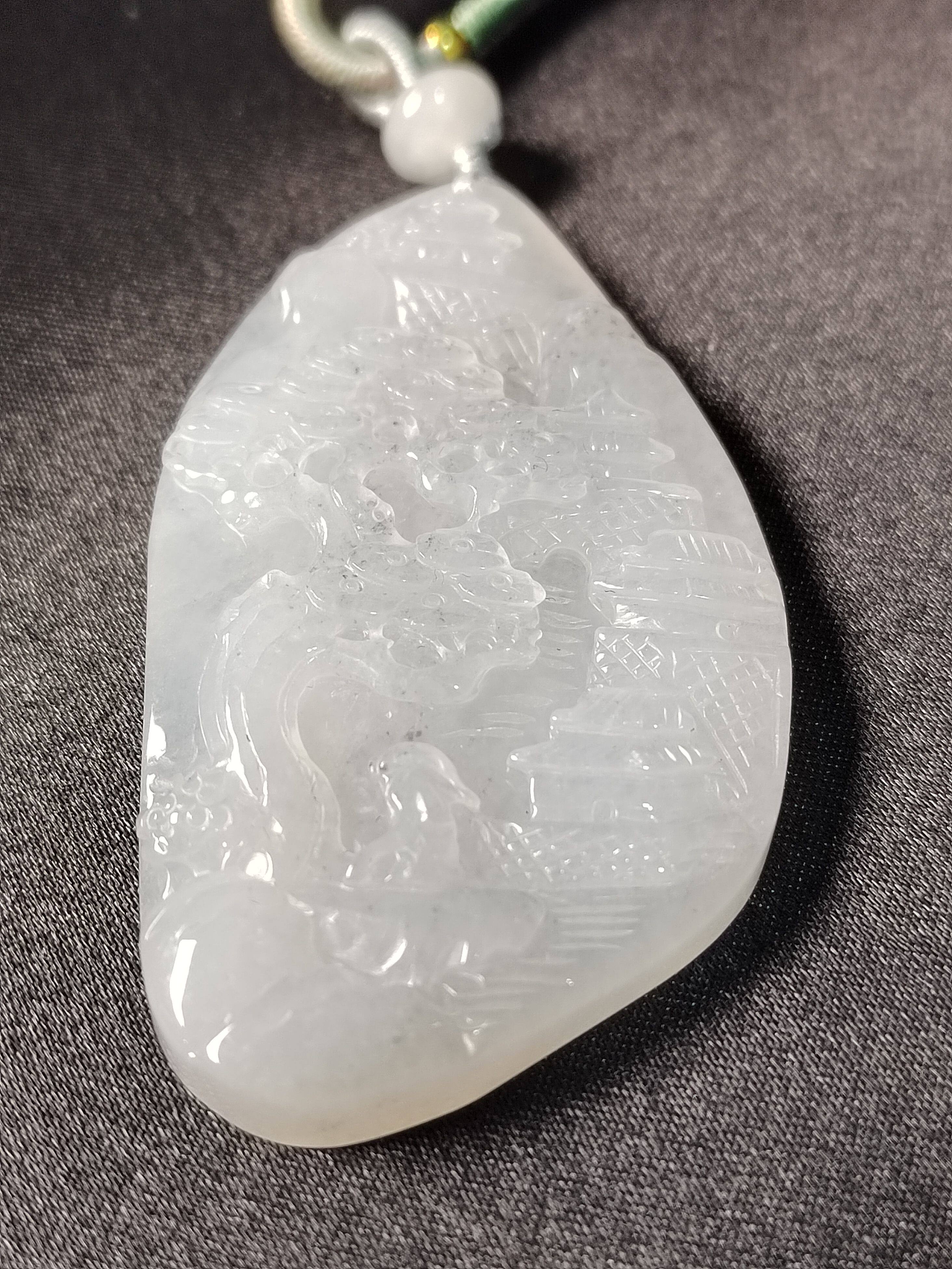 米町珠宝 山水遇贵人冰胶白月光老坑种天然缅甸翡翠a货吊坠挂饰