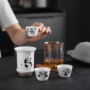 旅行茶具户外喝茶套装 大容量玻璃快客杯熊猫便携式 一壶三杯泡茶壶