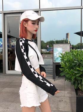 复古格子印花拼接短款露肚脐韩版宽松长袖嘻哈BF女绒女装女式卫衣