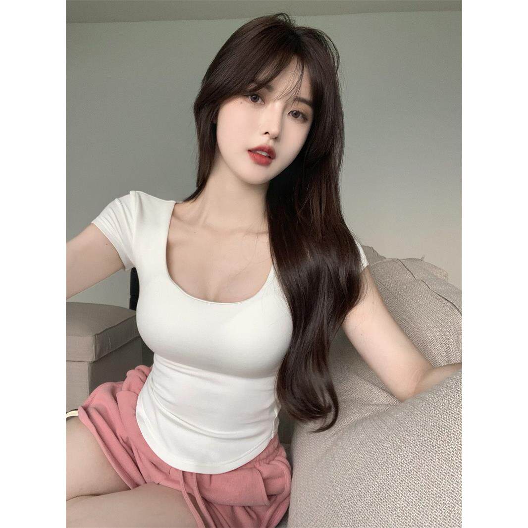 纯欲风T恤女装i ns潮夏季不规则白色辣妹u领性感紧身显瘦短袖上衣