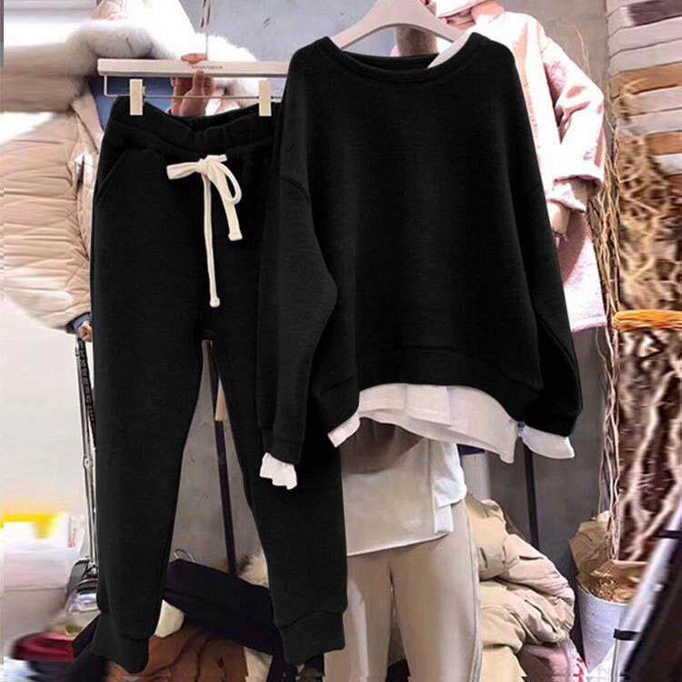 韩国东大门2021春秋假两件拼接宽松卫衣女两件套装卫衣港味时尚潮