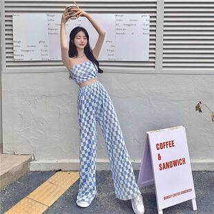 2022夏季新款套装修身短款抹胸上衣格子褶皱阔腿裤休闲两件套女潮
