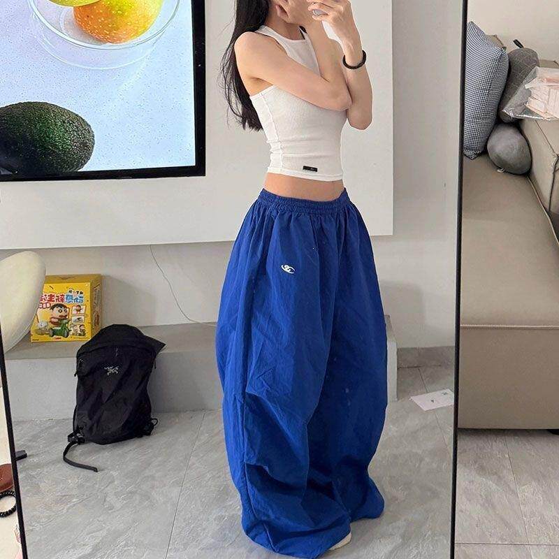 网红ins复古美式慵懒风克莱因蓝宽松阔腿爵士跳舞休闲裤春秋款