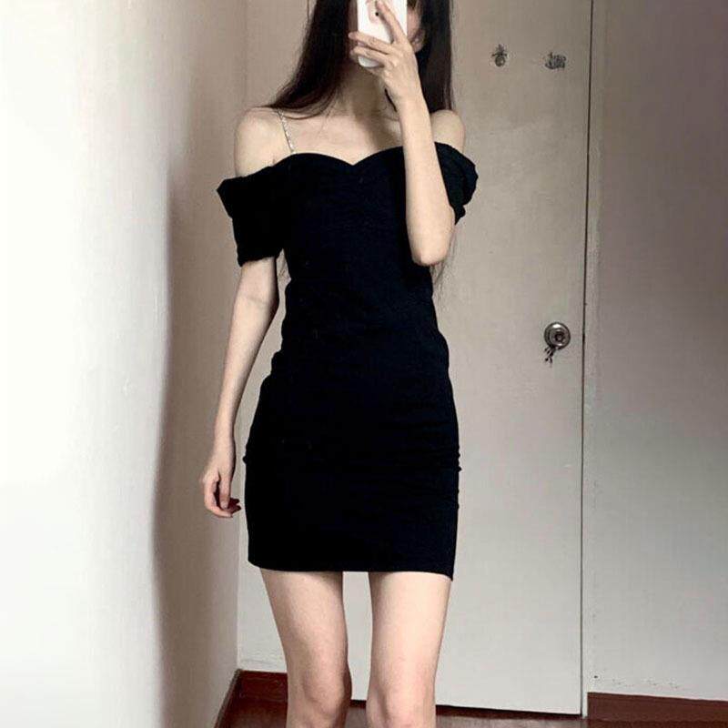 黑色气质女神范一字肩连衣裙夏季夜场性感女装吊带裙外穿超火短裙